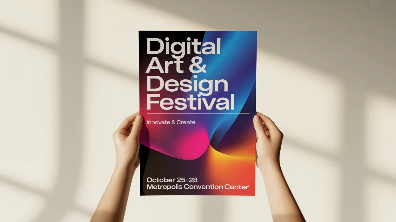 A realistic mockup of two hands holding up a professionally designed poster for a 'Digital Art & Design Festival' against a clean white background.