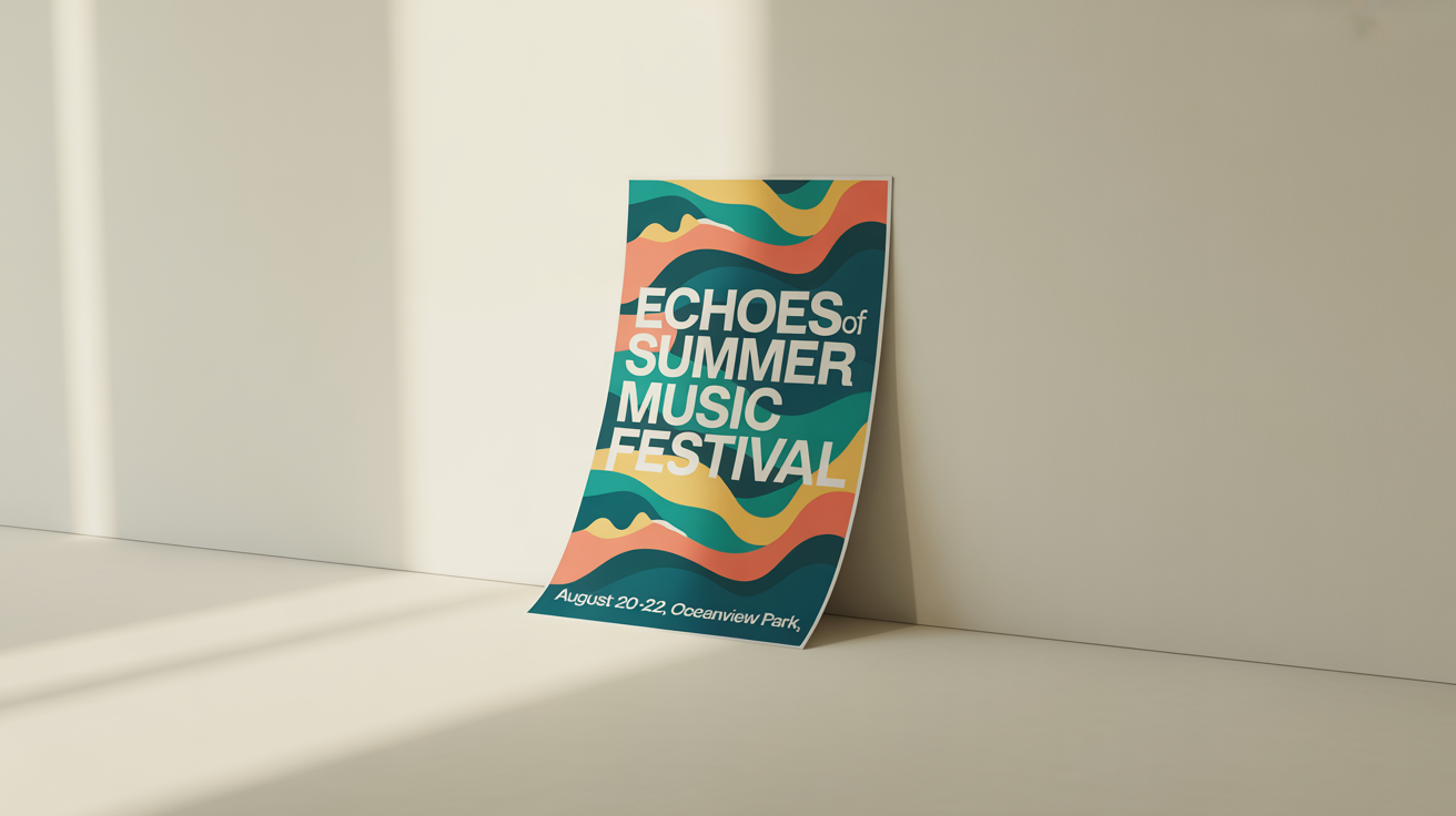 A realistic mockup of a vibrant music festival poster leaning against a clean, white wall in a minimalist studio setting, showcasing a professional design presentation.