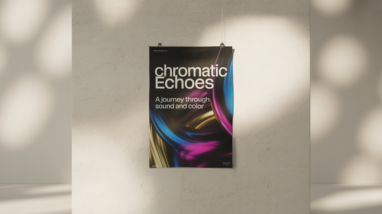 A professional mockup of a poster for an art exhibition called 'Chromatic Echoes', shown at an angle against a clean, off-white wall.