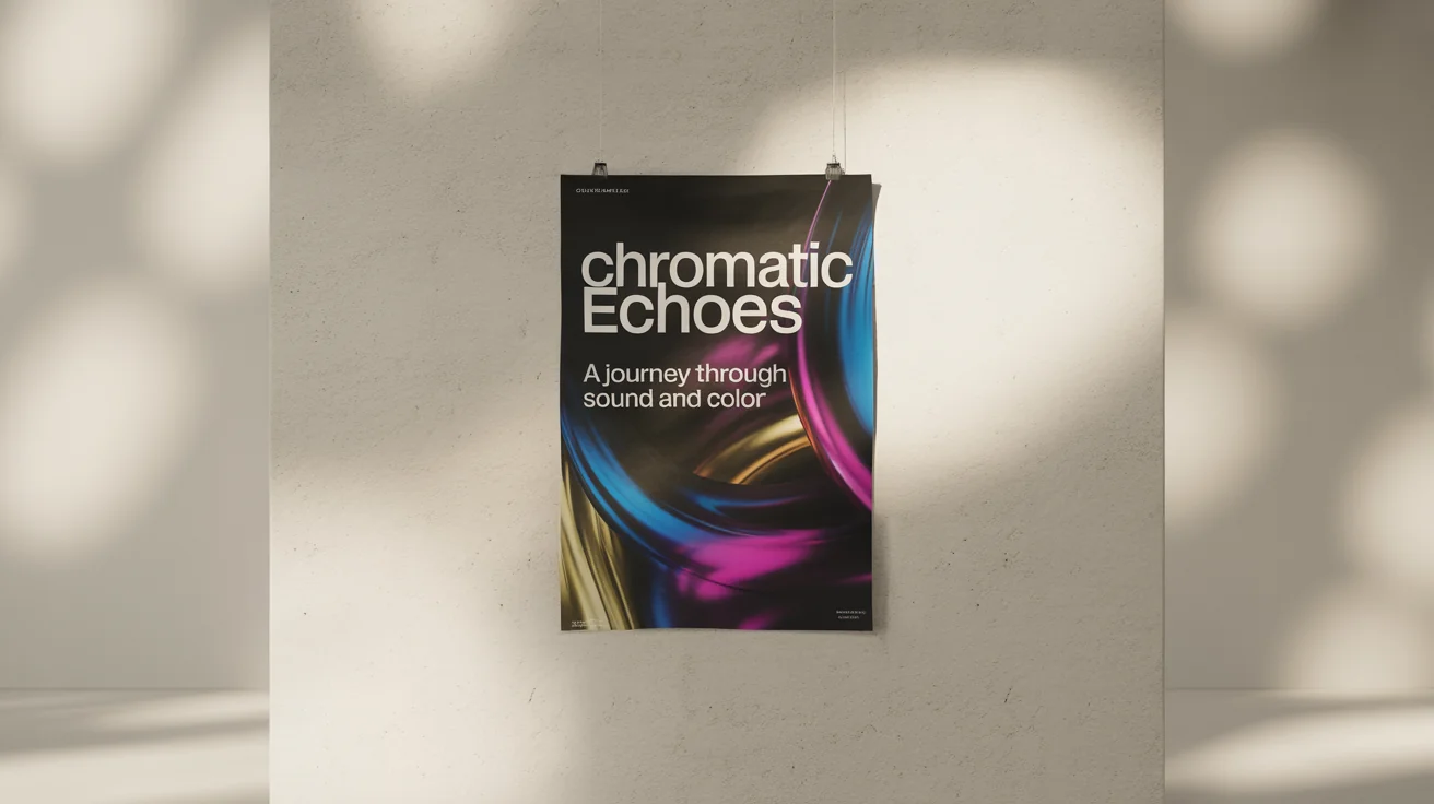 A professional mockup of a poster for an art exhibition called 'Chromatic Echoes', shown at an angle against a clean, off-white wall.