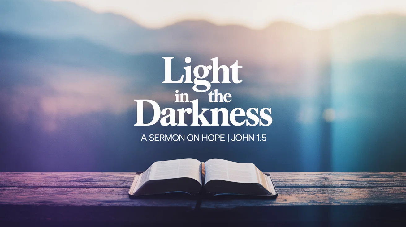 A finished sermon slide with the title 'Light in the Darkness' and subtitle 'A Sermon on Hope | John 1:5'. The background is a serene purple and blue sky with light rays, and a silhouetted Bible on a table in the foreground.