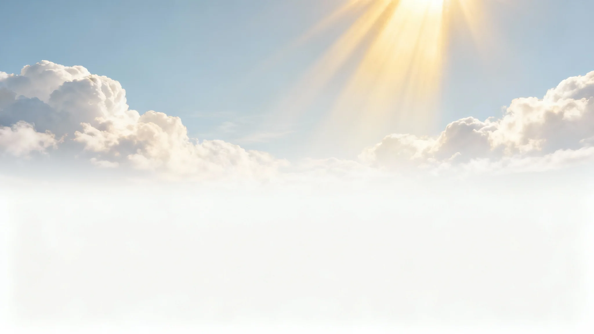 A serene sermon slide background featuring golden sun rays piercing through soft white clouds, evoking a sense of peace and hope.