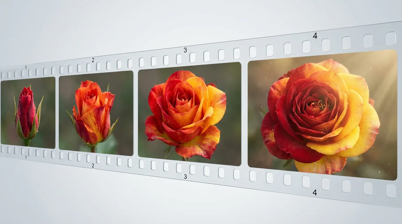 A horizontal film strip showing four stages of a flower blooming animation. It starts with a closed bud and ends with a fully bloomed, vibrant red and yellow flower, representing a final design output.