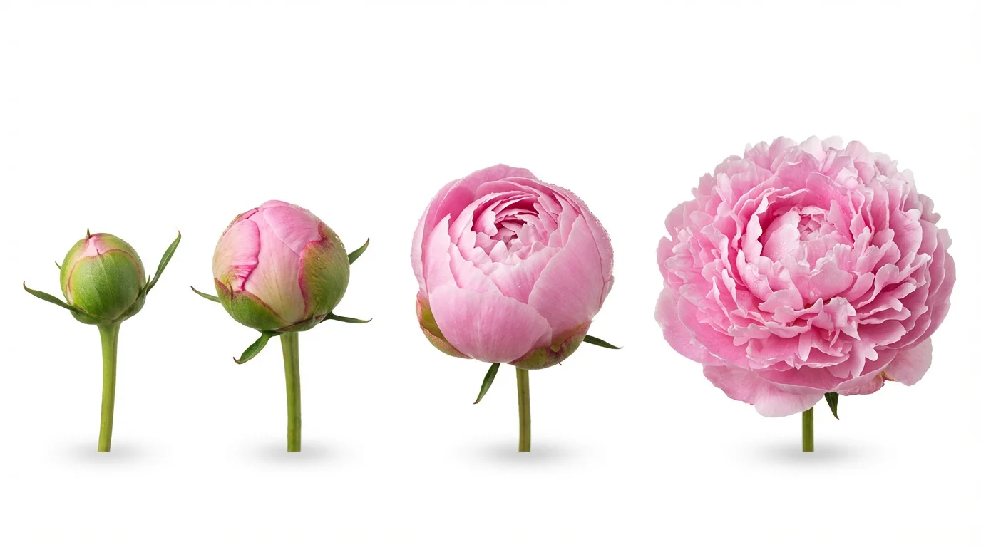 A time-lapse sequence showing four stages of a vibrant pink peony blooming, starting from a closed bud and ending with a fully bloomed flower, all set against a clean white background.