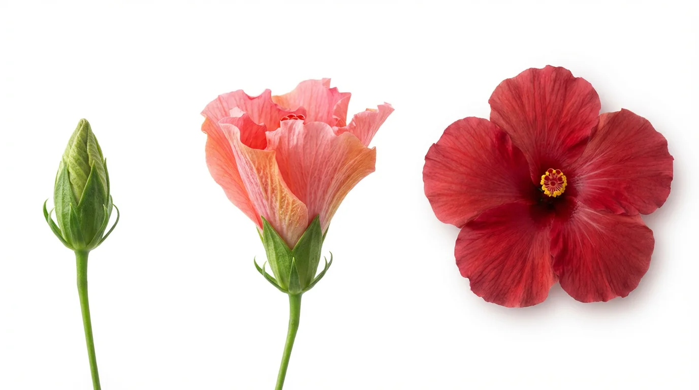 A time-lapse style image showing a single hibiscus flower blooming in three stages, from a closed bud to a fully open flower, against a plain white background.