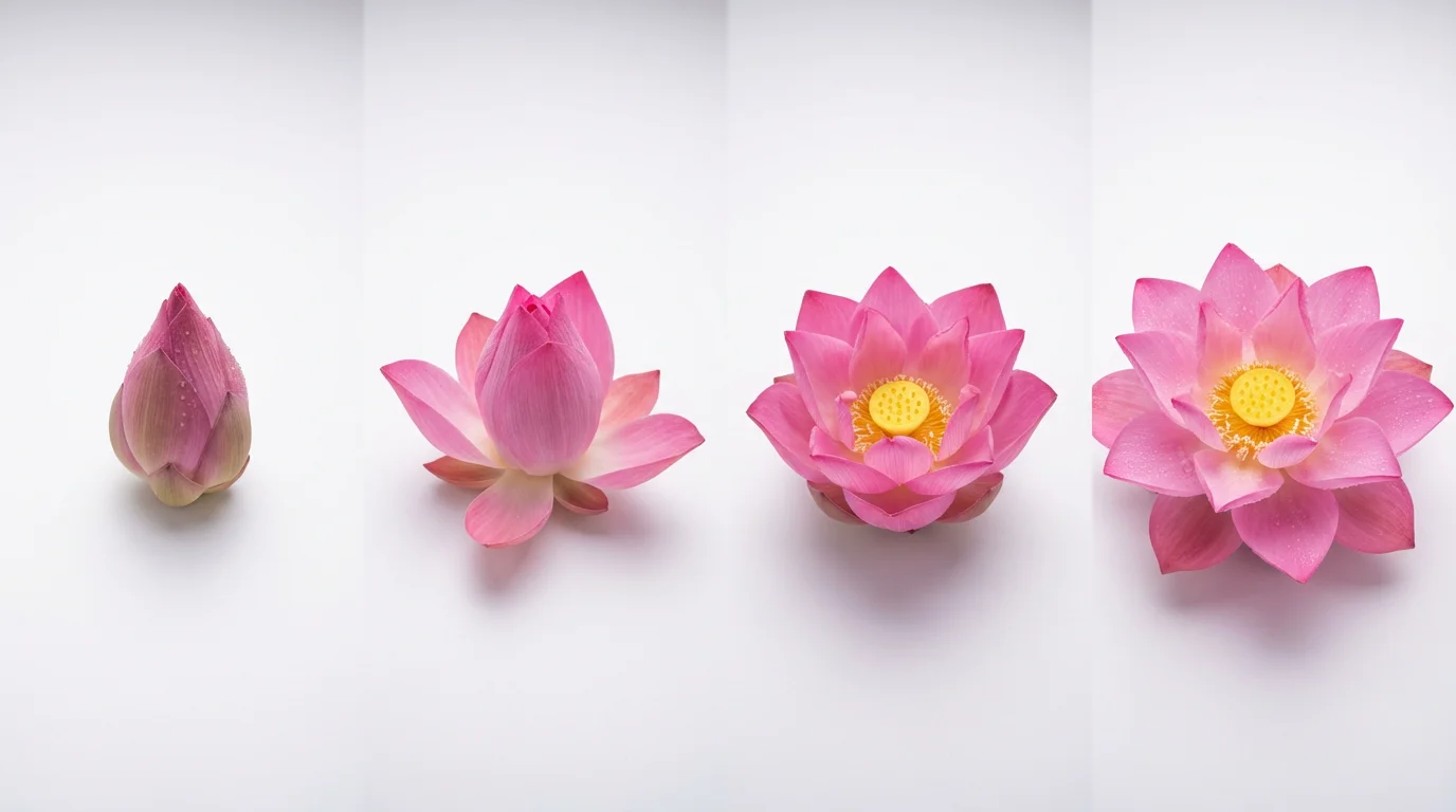 A time-lapse sequence showing four stages of a pink lotus flower blooming, from a closed bud to a fully open flower, set against a clean white background.