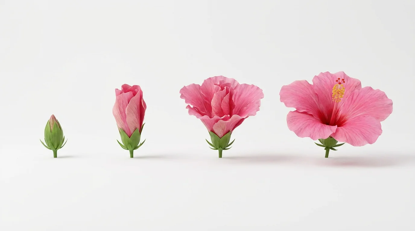 A time-lapse sequence of a pink hibiscus flower blooming, shown in four stages from a closed bud to a fully open flower against a clean white background.
