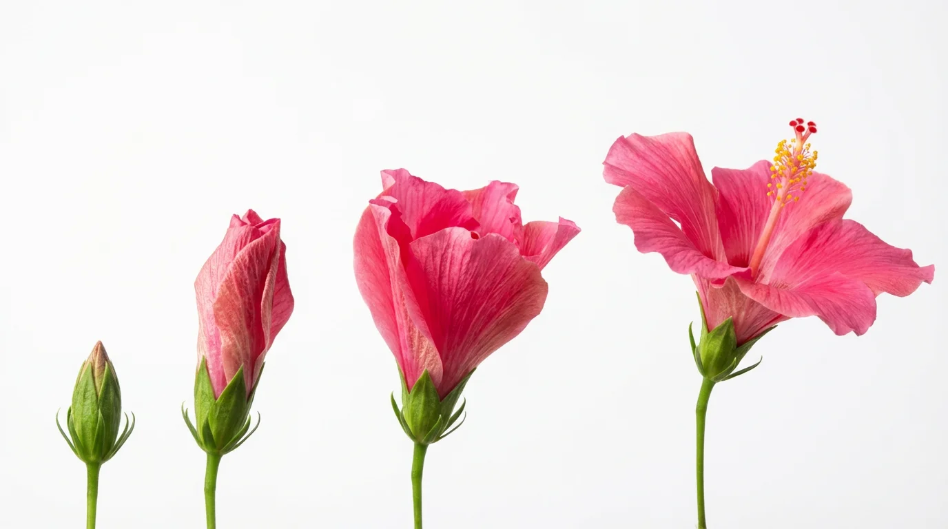A time-lapse composite image showing the four stages of a pink hibiscus flower blooming against a clean white background, progressing from a closed bud to a fully open flower.