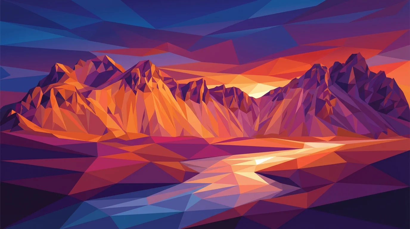 A vibrant low poly background of a mountain range at sunset, with geometric shapes creating the landscape in shades of orange, pink, and purple.