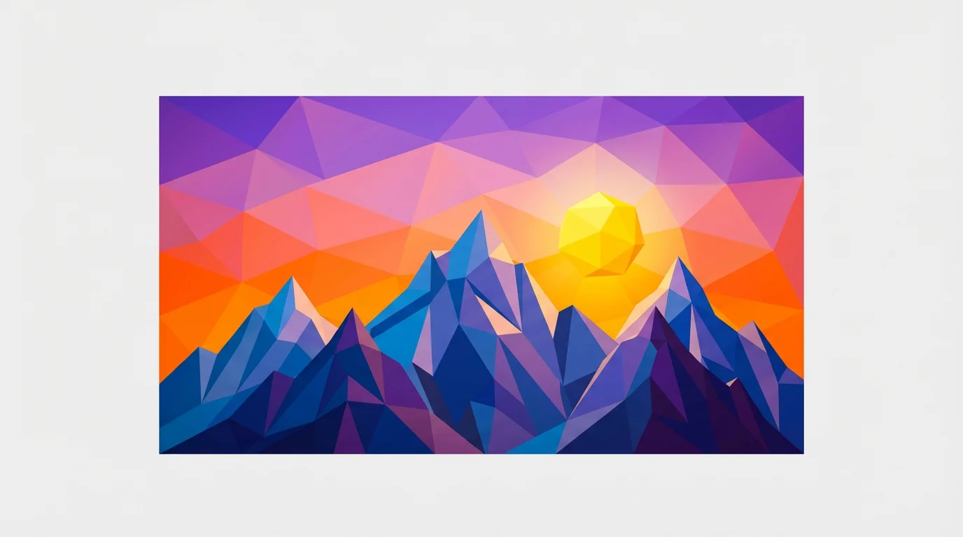 A vibrant low poly background depicting a geometric mountain range at sunset, with a color palette of orange, pink, and purple against blue mountains.