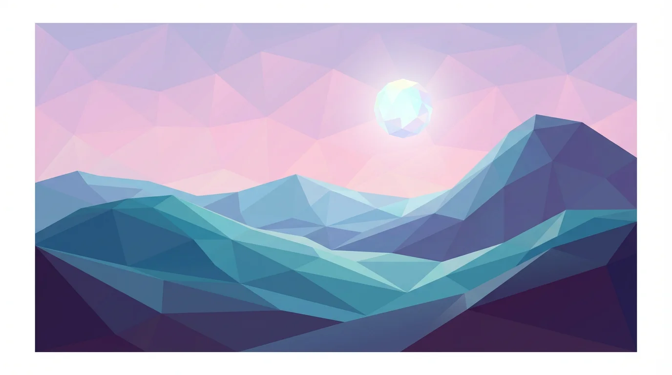 A digital art landscape created in a low-poly style, featuring rolling hills in shades of blue and purple under a pastel-colored sky, demonstrating an abstract background design.