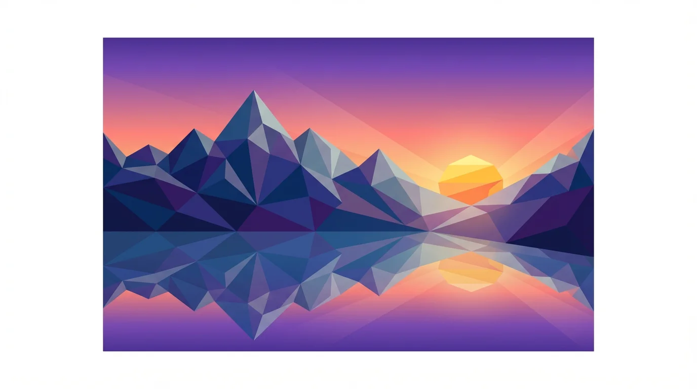 A digital art landscape in the low poly style, showing a geometric mountain range and a reflective lake under a vibrant pink and orange sunset sky.