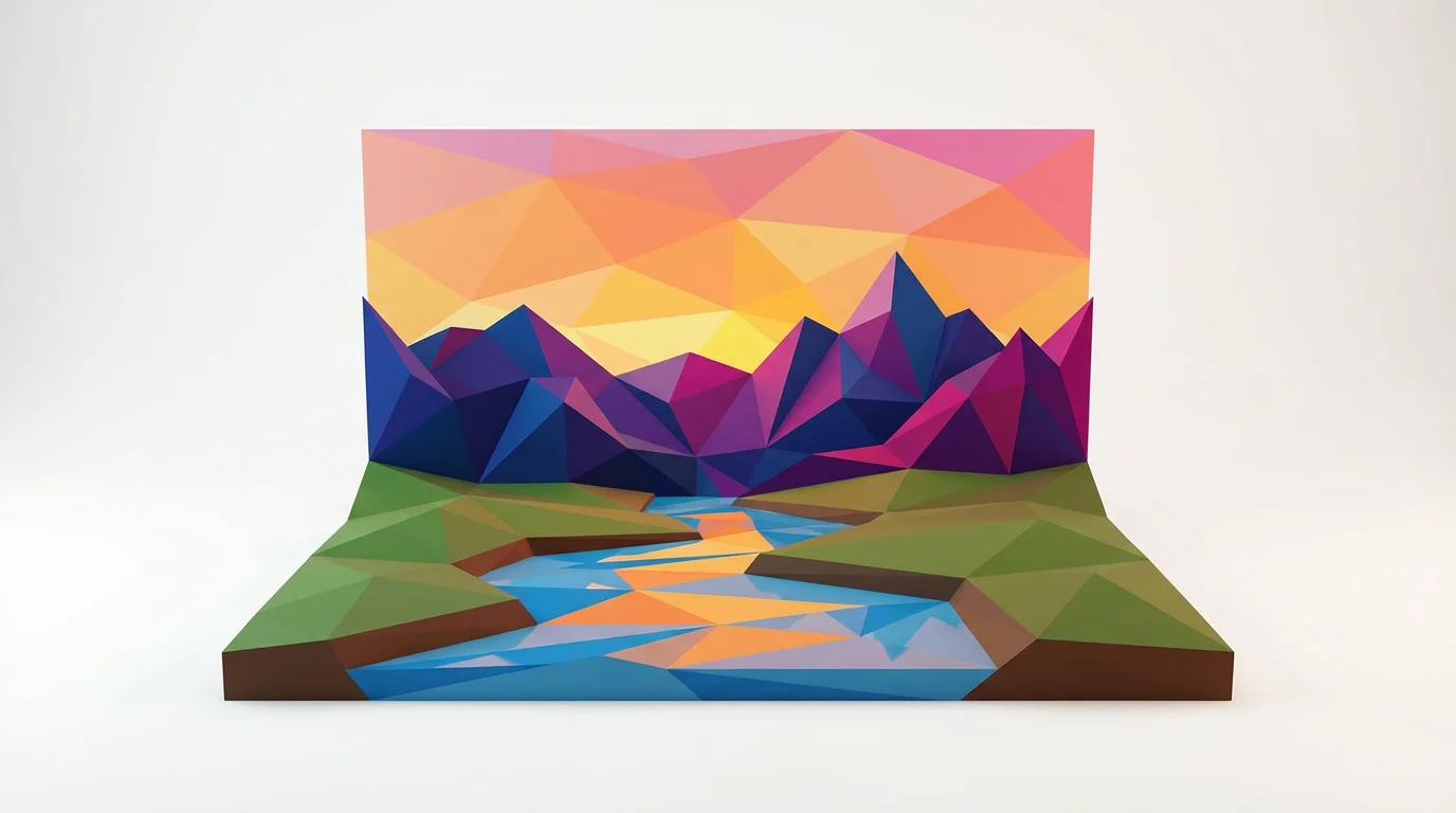 A beautiful low poly landscape background depicting a mountain range and a river at sunset, rendered in a colorful, geometric style on a white background.