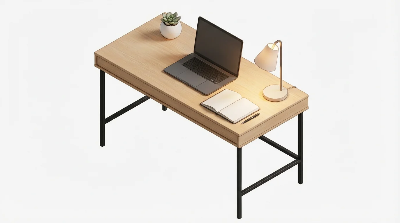 A 3D isometric illustration of a modern, organized workspace with a laptop, notebook, and succulent on a desk against a clean white background.