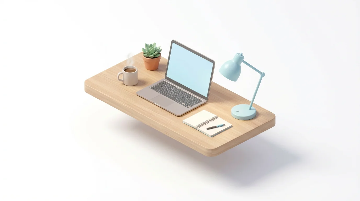 A 3D isometric illustration of a modern, organized desk workspace with a laptop, coffee, and a plant, on a white background.