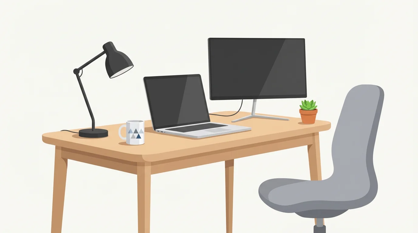 An illustration of a modern, organized workspace. It features a wooden desk with a laptop, monitor, lamp, and a plant, with a grey ergonomic chair. The style is clean and minimalist on a plain background.