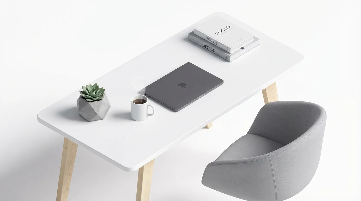 A 3D isometric illustration of a clean, modern home office setup, featuring a desk with a laptop, coffee mug, and plant, placed on a plain white background.