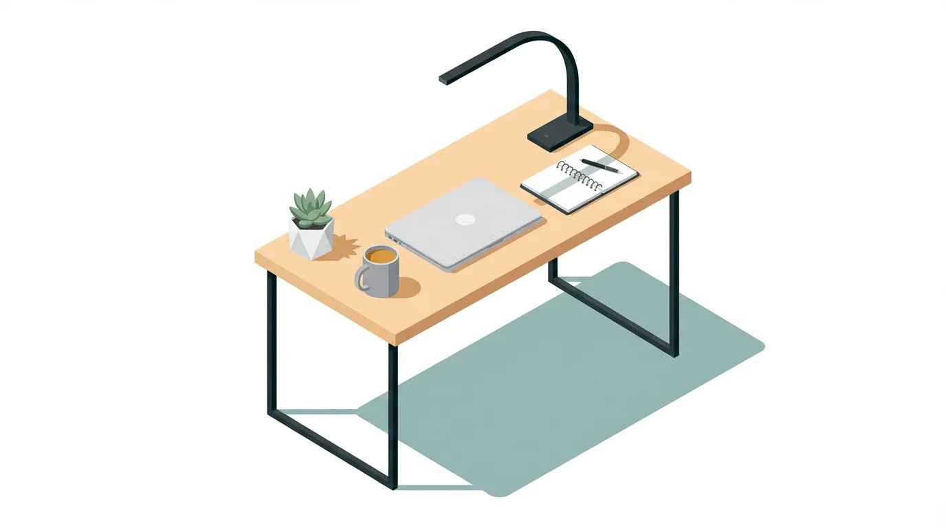 A modern isometric illustration of an organized desk workspace, featuring a laptop, coffee, a plant, and a notebook on a white background.
