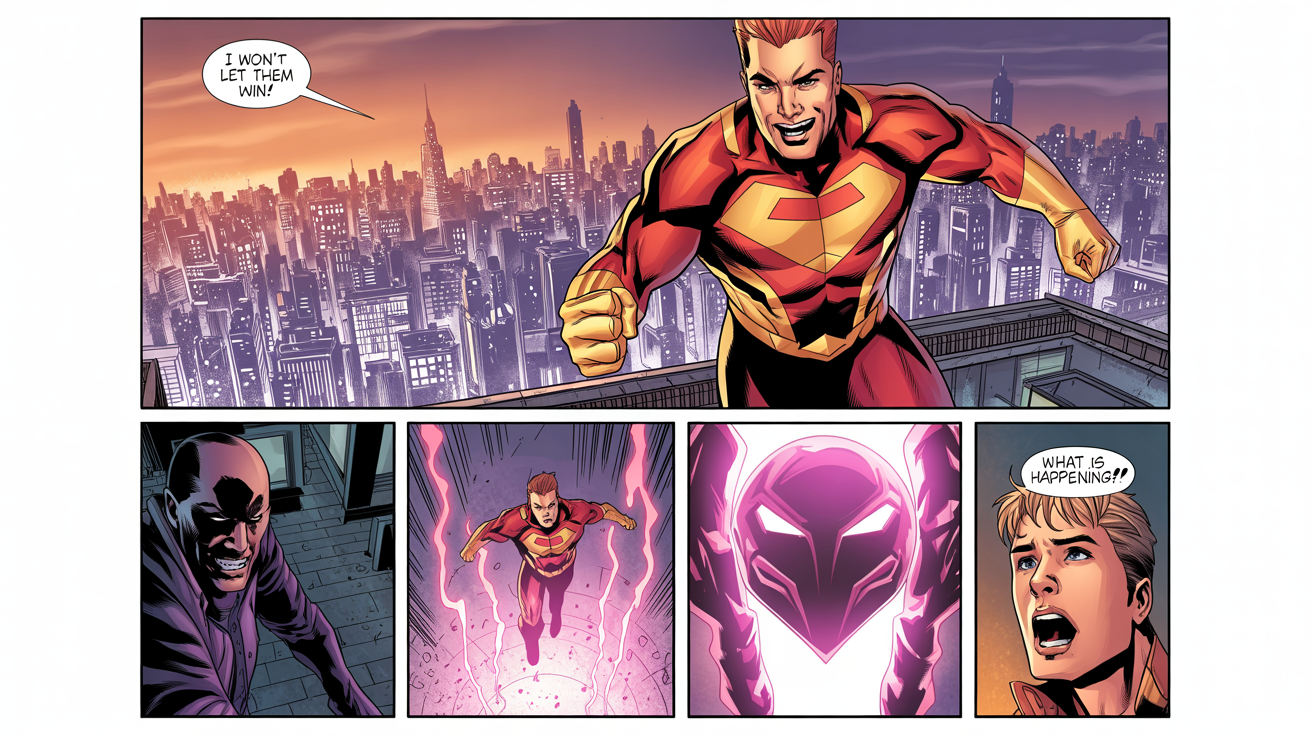 A finished, full-color comic book page with six panels depicting a superhero story, featuring a hero on a rooftop, a villain, a glowing artifact, and dialogue in speech bubbles.