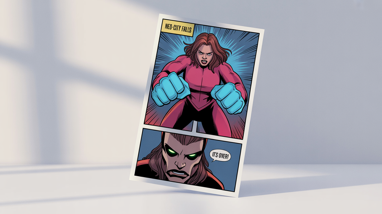A mockup of a vibrant, professionally illustrated comic book page with a superheroine, shown against a clean white background to demonstrate a dynamic panel layout.