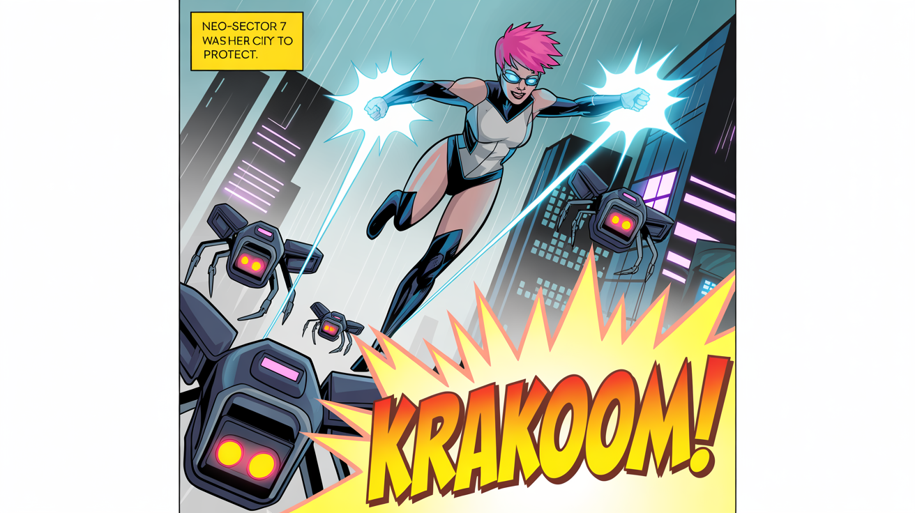 A professionally illustrated comic book page showing a female superhero in a futuristic city fighting robotic drones, displayed against a white background.