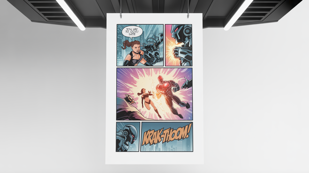 A mockup of a single comic book page with five panels, illustrating a superhero fighting a robot villain in a futuristic city. The page is shown against a plain white background.