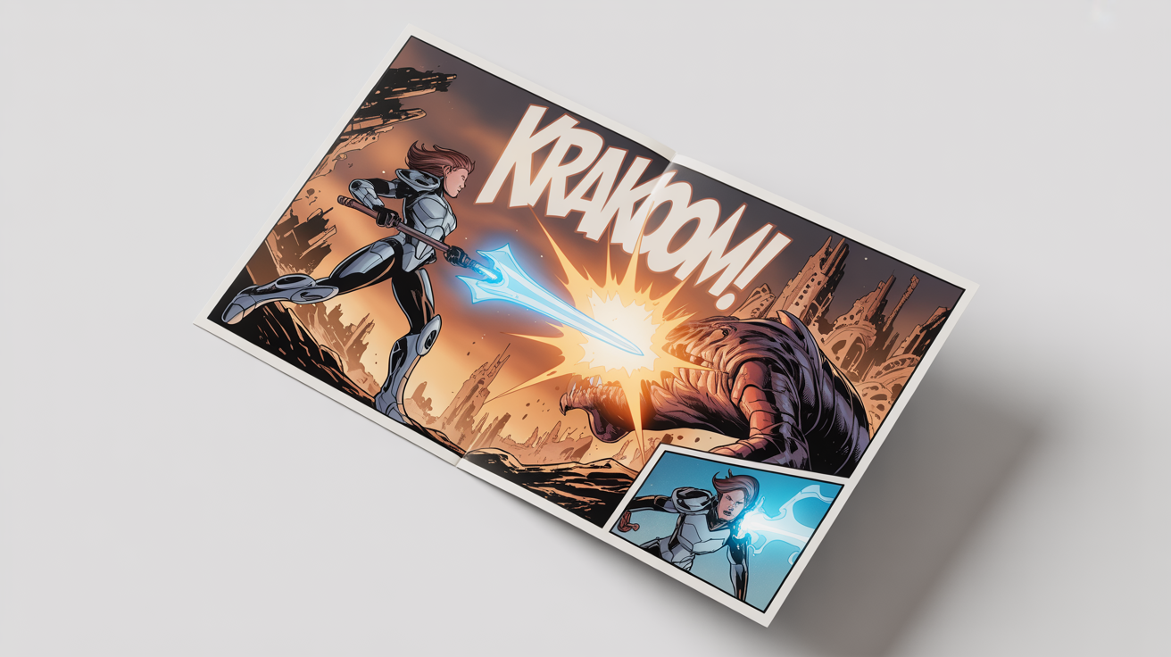 A mockup of a completed comic book page with a dynamic layout, showing a sci-fi female warrior fighting a monster on a clean white background.