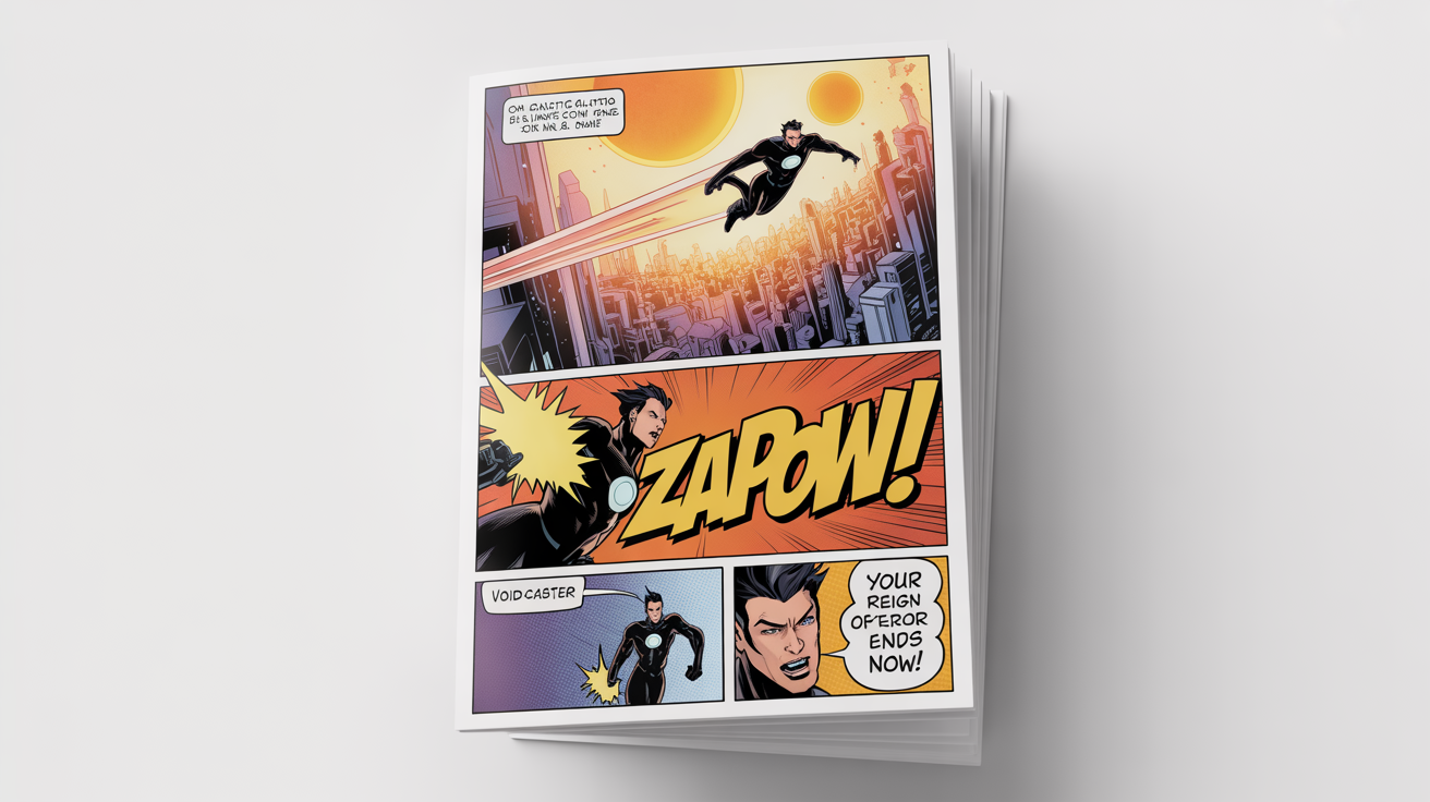 A mockup of a colorful comic book page with four panels depicting a superhero, Galactic Guardian, confronting a villain named Void-Caster on an alien planet, complete with dialogue and sound effects.