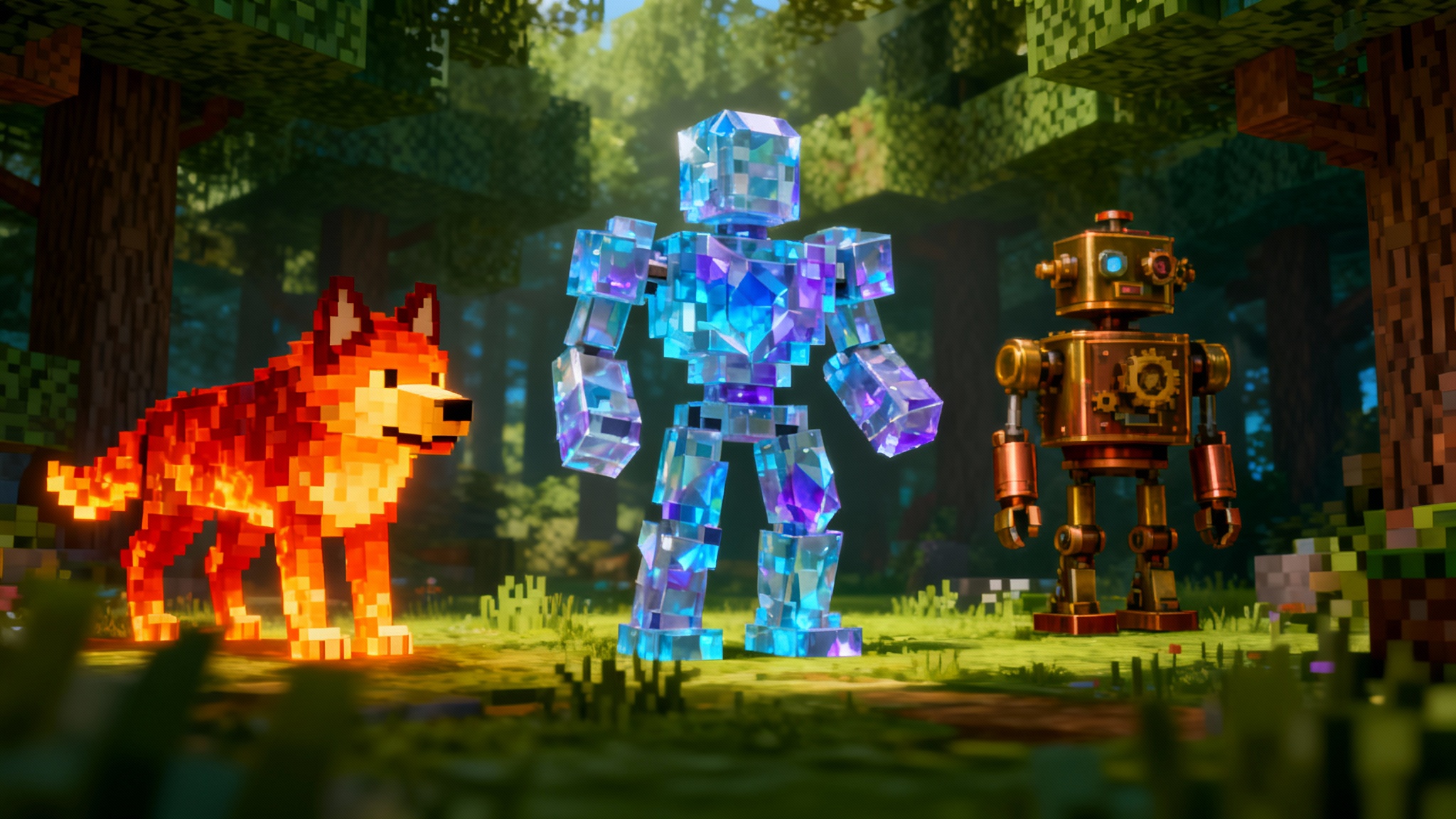 A vibrant in-game scene from a block-based video game, showcasing three custom-designed creatures in a forest. A glowing crystal golem, a fiery wolf, and a steampunk robot are shown, representing the creative output of a mob skin editor.