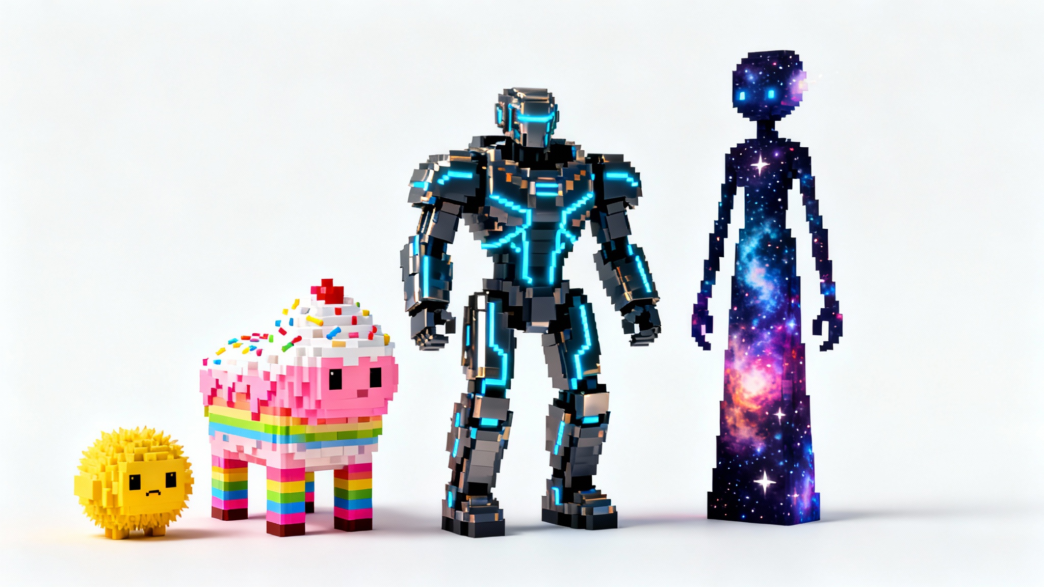 A lineup of four custom-designed, blocky video game characters against a white background, showcasing different creative skins. The characters include a cyberpunk hero, a candy-themed creature, a celestial alien, and a fuzzy yellow monster.