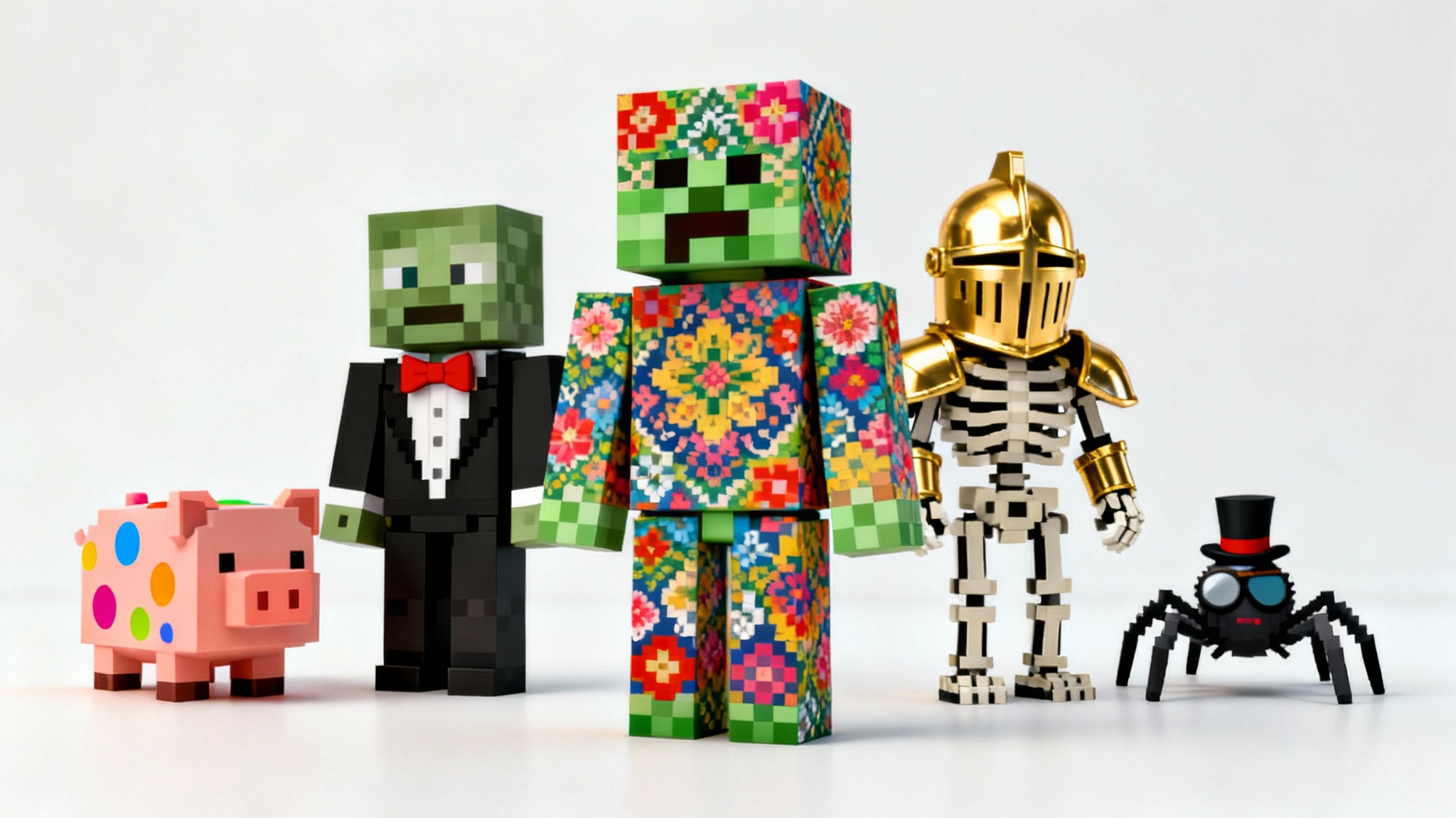 A lineup of five creatively redesigned video game mobs in a blocky, pixelated style against a white background. Includes a floral Creeper, a Zombie in a tuxedo, a Skeleton knight, a rainbow-spotted Pig, and a Spider with a top hat.