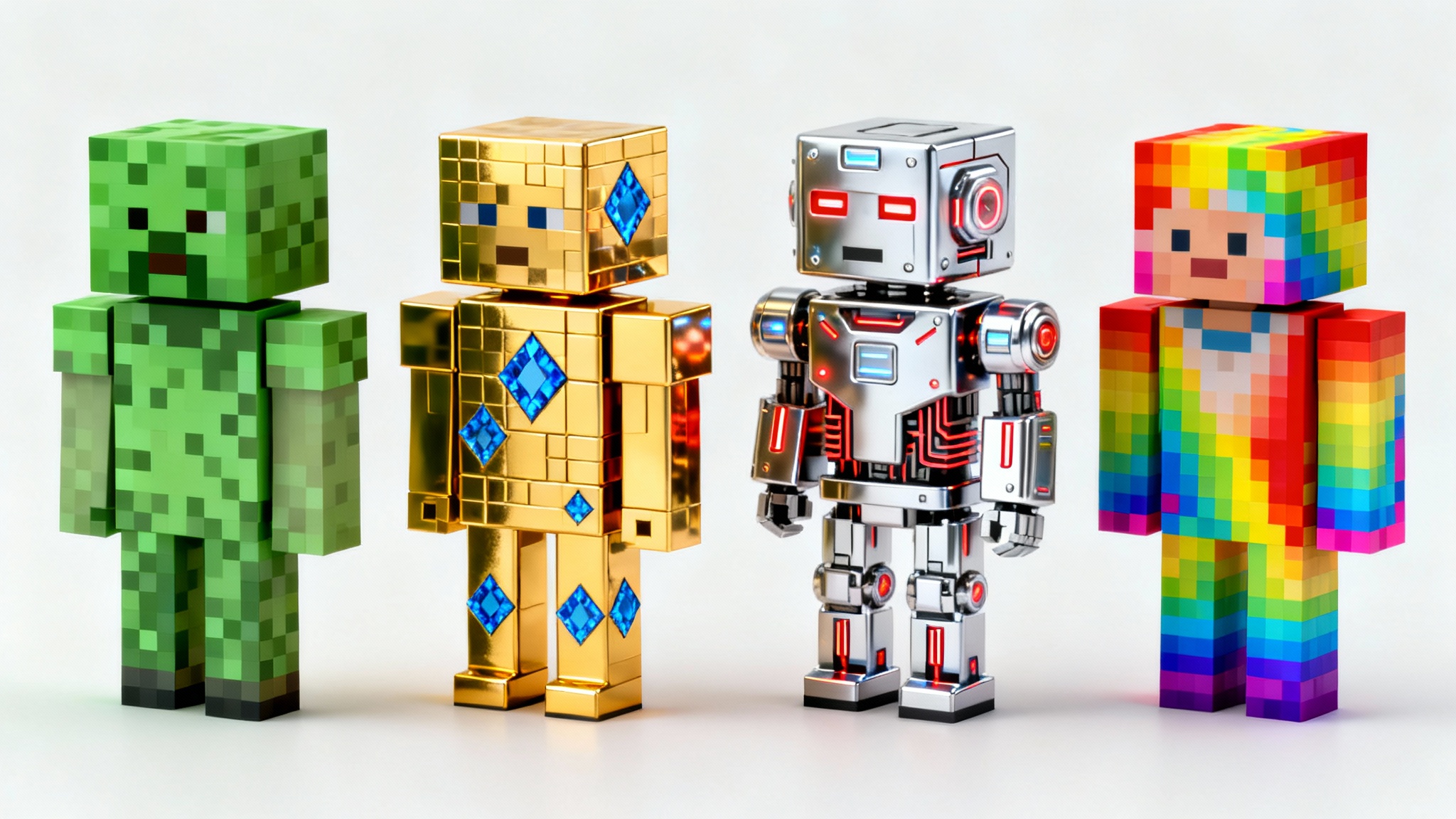 A lineup of four blocky video game creatures against a white background, showcasing custom skins. One is standard green, while the others are styled as gold and diamond, a cyborg, and rainbow-colored.