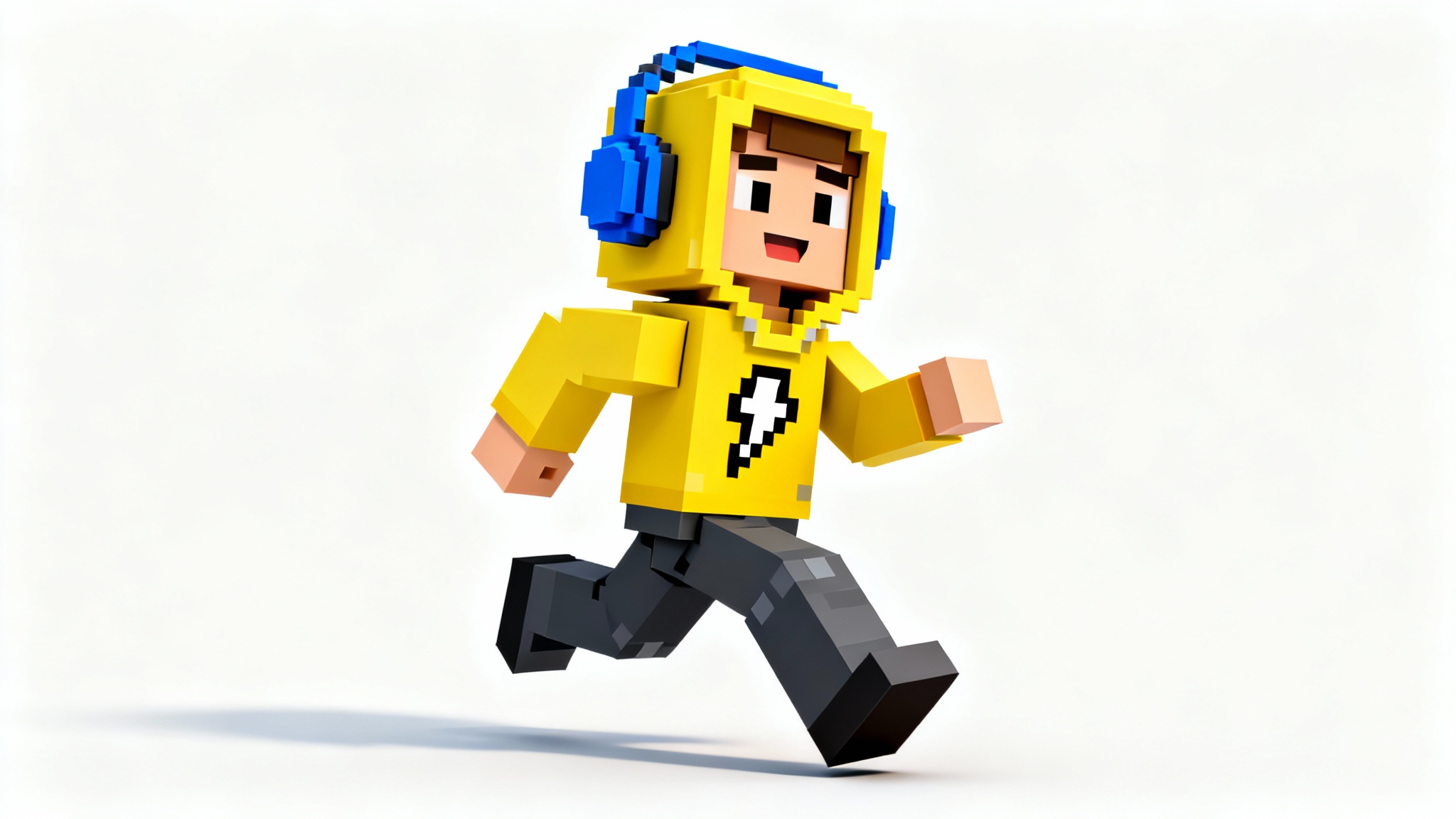 A 3D render of a blocky, pixelated video game character wearing a custom yellow hoodie and blue headphones, posed dynamically against a stark white background.