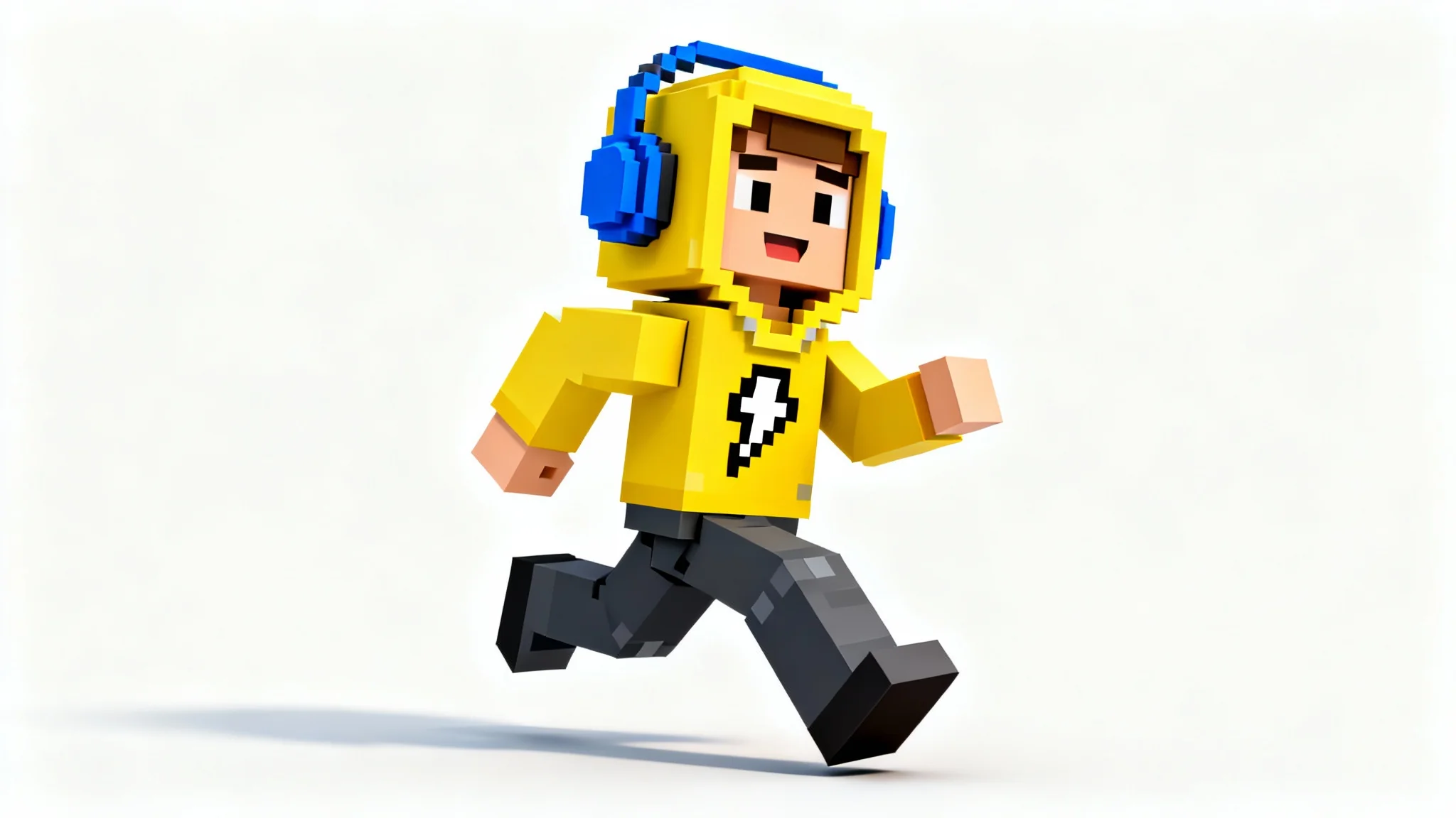 A 3D render of a blocky, pixelated video game character wearing a custom yellow hoodie and blue headphones, posed dynamically against a stark white background.