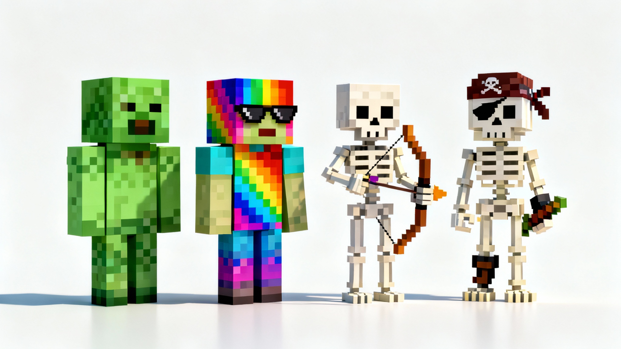 A lineup of four blocky, voxel-style video game characters on a white background, illustrating a mob skin editor. Two characters show standard designs, while the other two are creatively customized as a rainbow monster and a pirate skeleton.