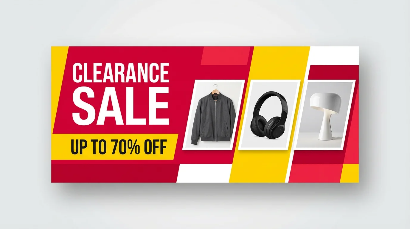 A professionally designed clearance sale banner in red, yellow, and white, with the text 'Clearance Sale' and 'Up to 70% Off'. The banner includes images of a jacket, headphones, and a lamp, all set against a clean background.