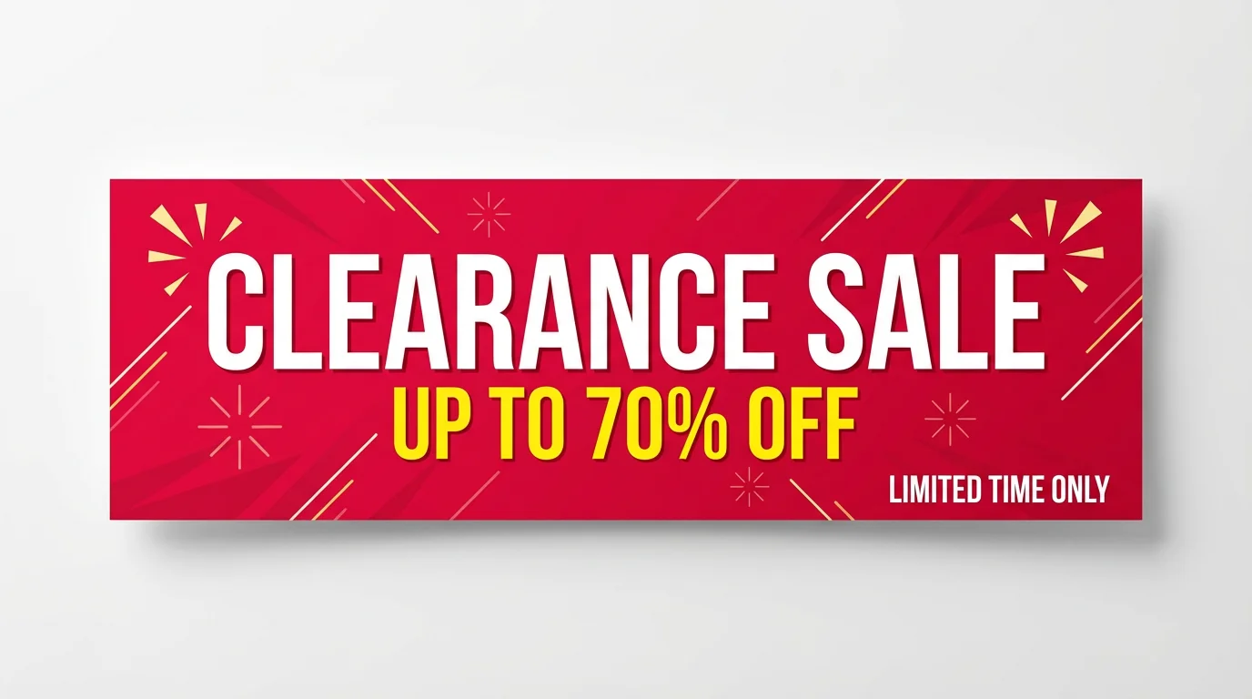 A professionally designed mockup of a horizontal clearance sale banner. The banner is bright red with the words 'CLEARANCE SALE', 'UP TO 70% OFF', and 'LIMITED TIME ONLY' in bold white and yellow text, all set against a plain white background.