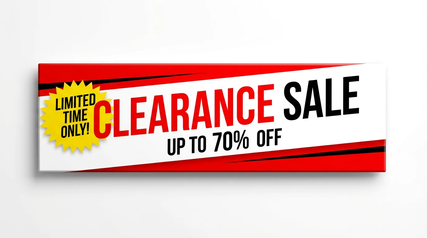 A professionally designed clearance sale banner in red, black, and yellow. The banner advertises 'Clearance Sale' and 'Up to 70% Off'.