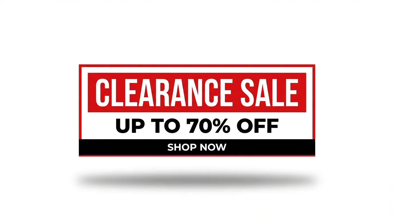 A modern, bold red and white banner for a 'CLEARANCE SALE', offering 'UP TO 70% OFF'. The banner is shown as a mockup against a clean white background.