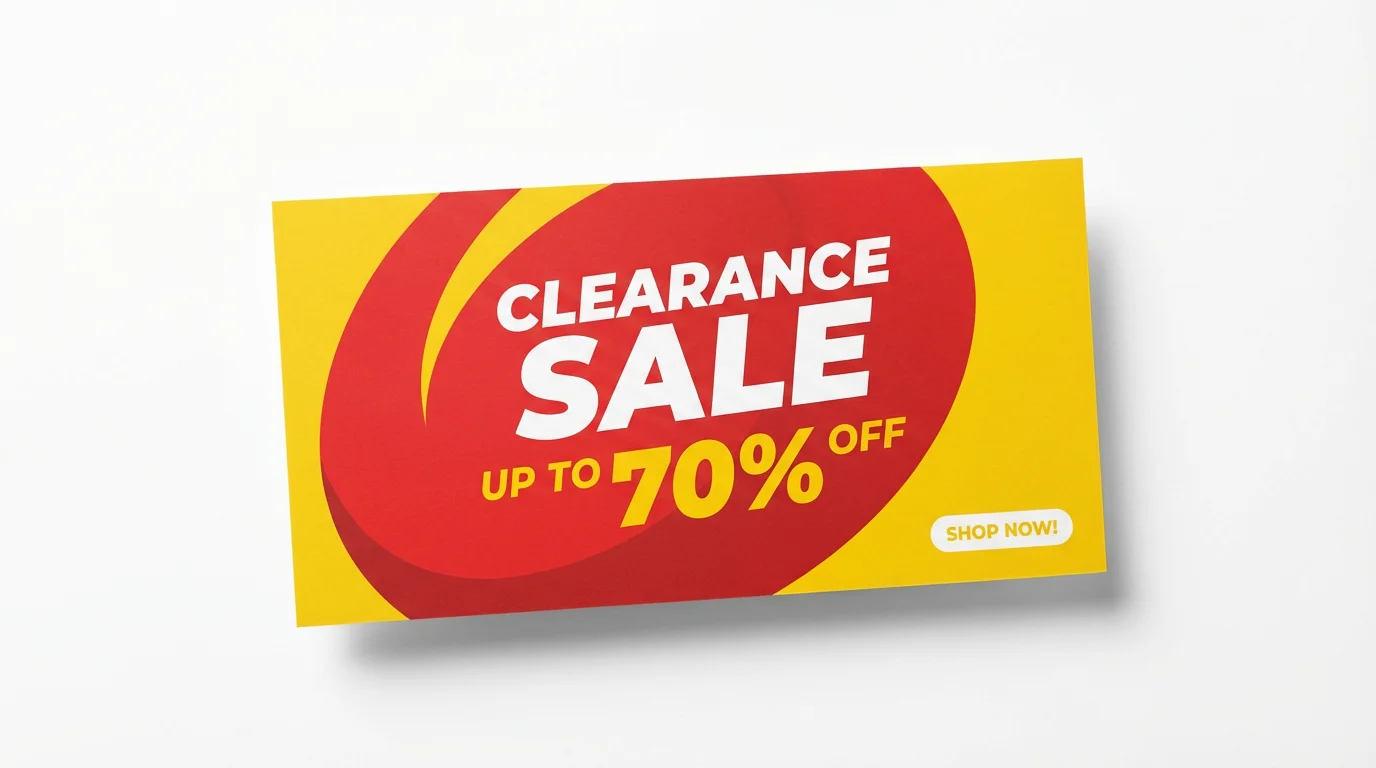 A modern red, yellow, and white banner for a clearance sale, advertising up to 70% off. The banner is shown as a mockup on a clean white background.