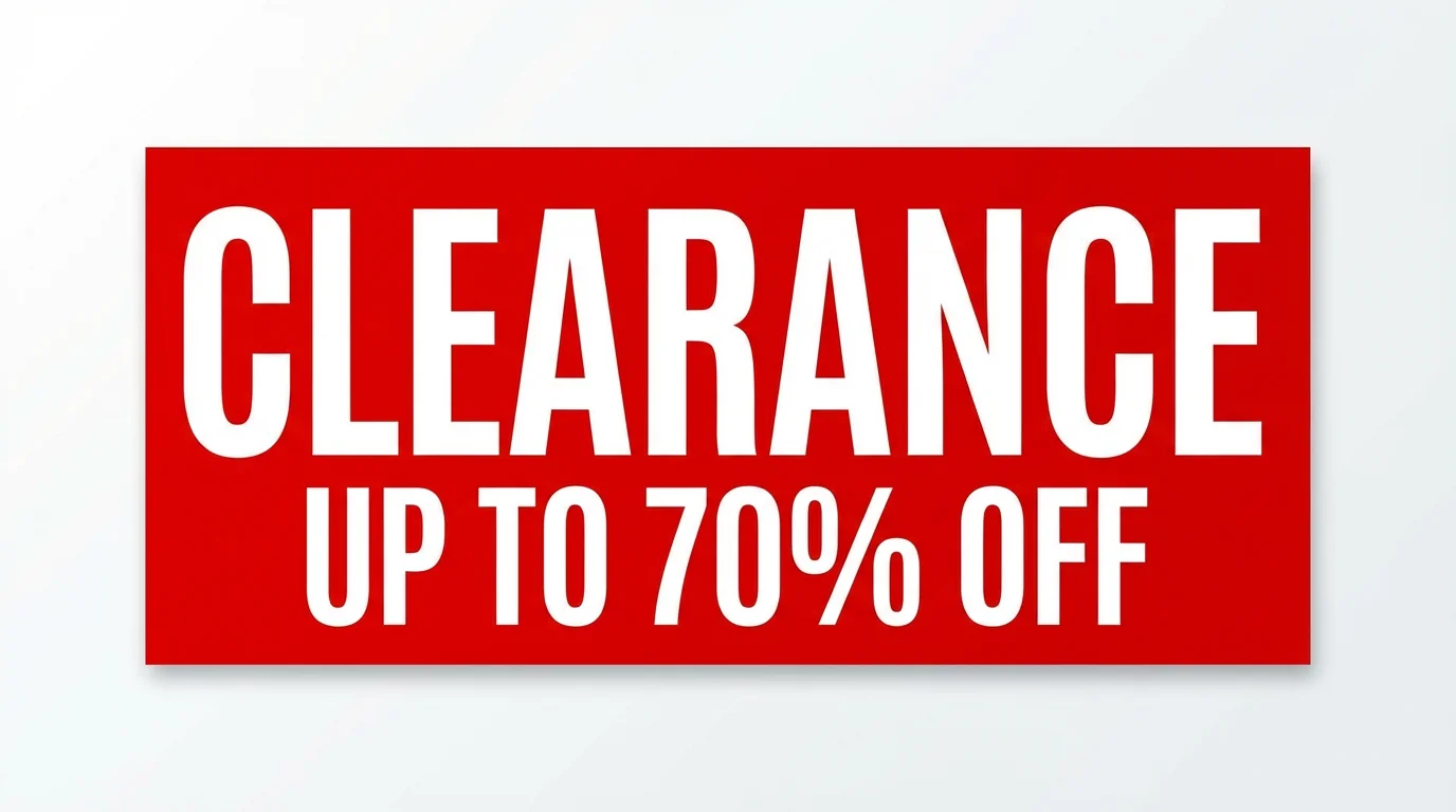 A modern, red and white graphic design for a clearance sale banner, featuring the words 'CLEARANCE' and 'UP TO 70% OFF' in bold, clean typography on a solid white background.
