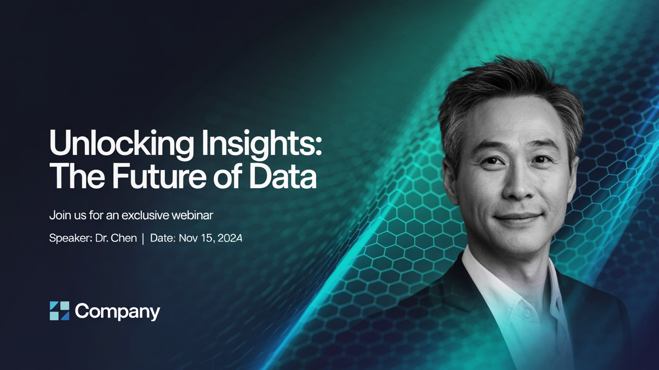 A polished webinar thumbnail showing the final result from a design tool. It has a blue and green gradient, a headshot of a male speaker, and text that reads 'Unlocking Insights: The Future of Data'.