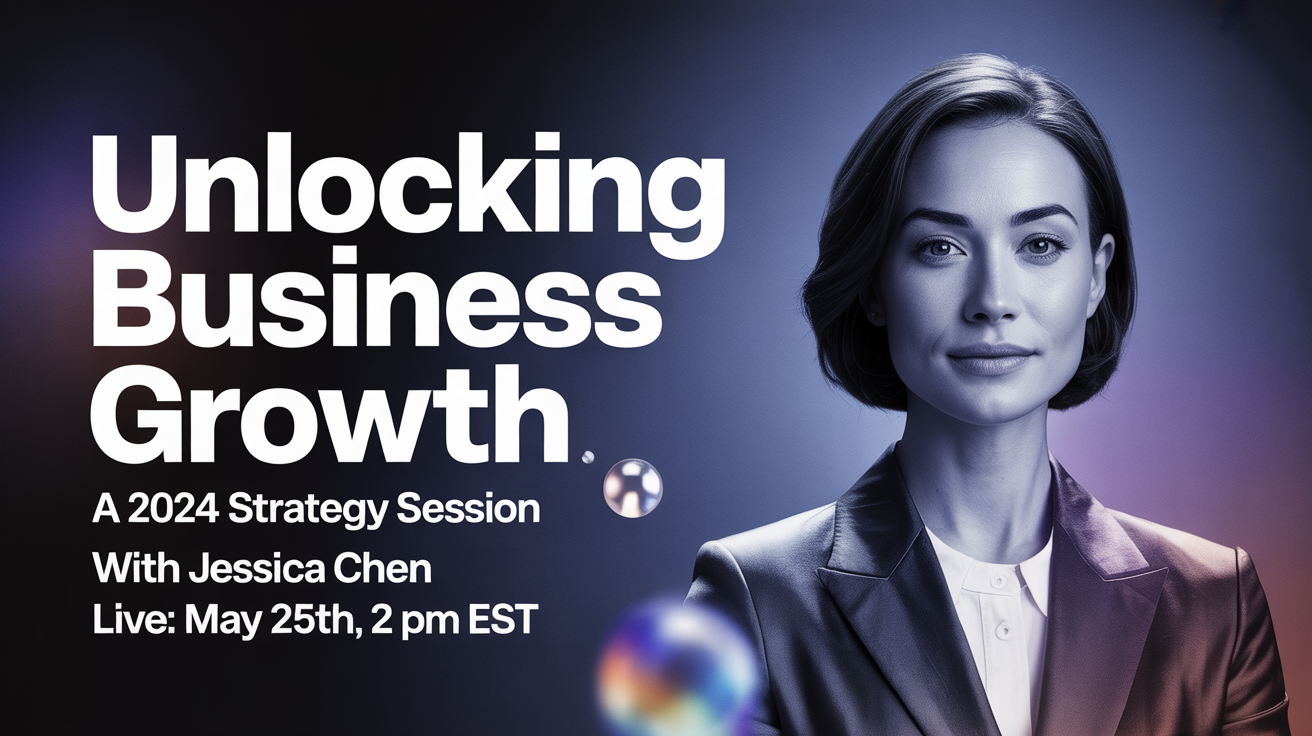 A mockup of a professional webinar thumbnail for a business growth strategy session, featuring a speaker's headshot and event details.