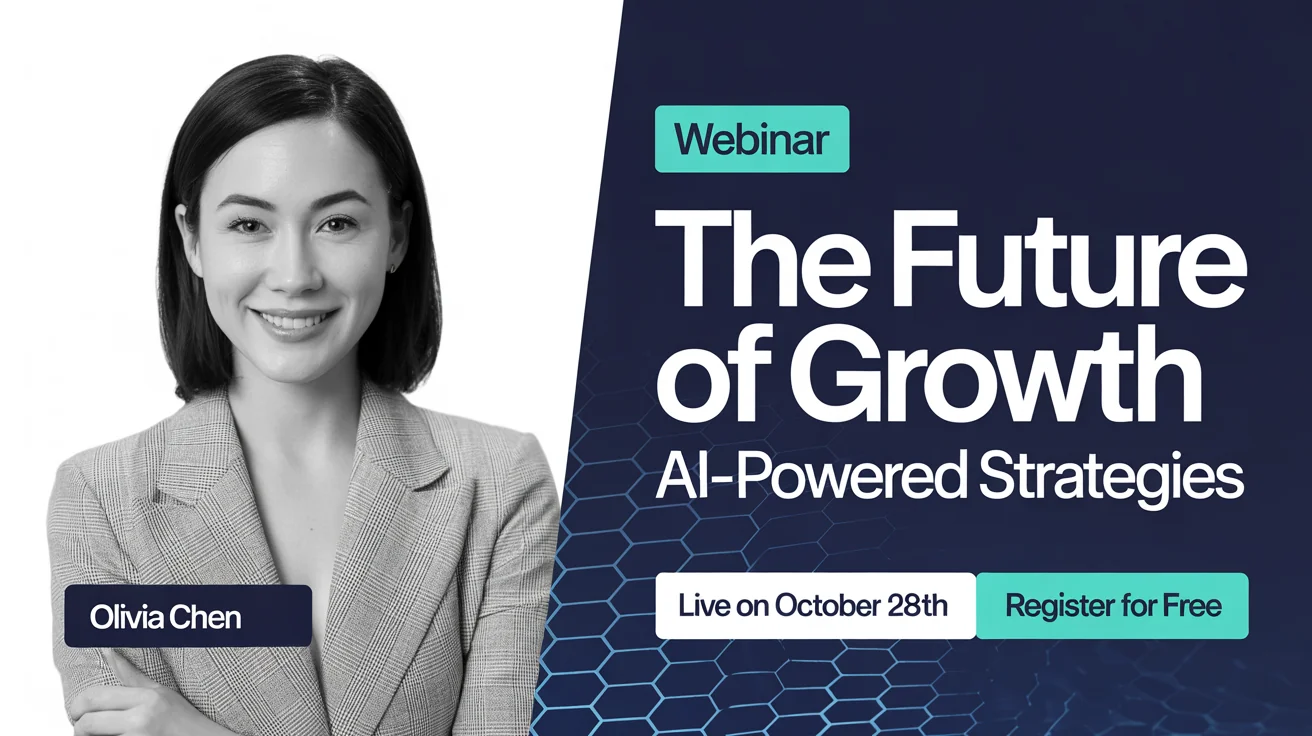 A professional webinar thumbnail mockup for a business topic called 'The Future of Growth', featuring a speaker's headshot and event details against a dark blue and white design.