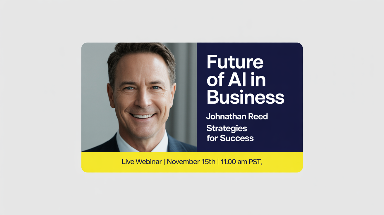 A mockup of a professional webinar thumbnail for a seminar on 'Future of AI in Business', featuring the speaker's photo and event details, isolated on a white background.