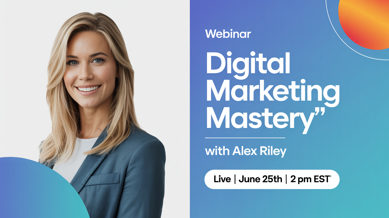 A mockup of a webinar thumbnail for a 'Digital Marketing Mastery' event, featuring a female speaker and event details, displayed on a white background.