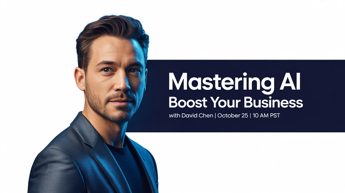 A professional webinar thumbnail mockup showing a man in a suit next to text that reads 'MASTERING AI, Boost Your Business, with DAVID CHEN, OCTOBER 25 | 10 AM PST'.