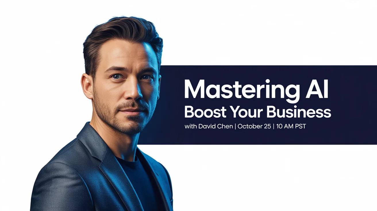 A professional webinar thumbnail mockup showing a man in a suit next to text that reads 'MASTERING AI, Boost Your Business, with DAVID CHEN, OCTOBER 25 | 10 AM PST'.