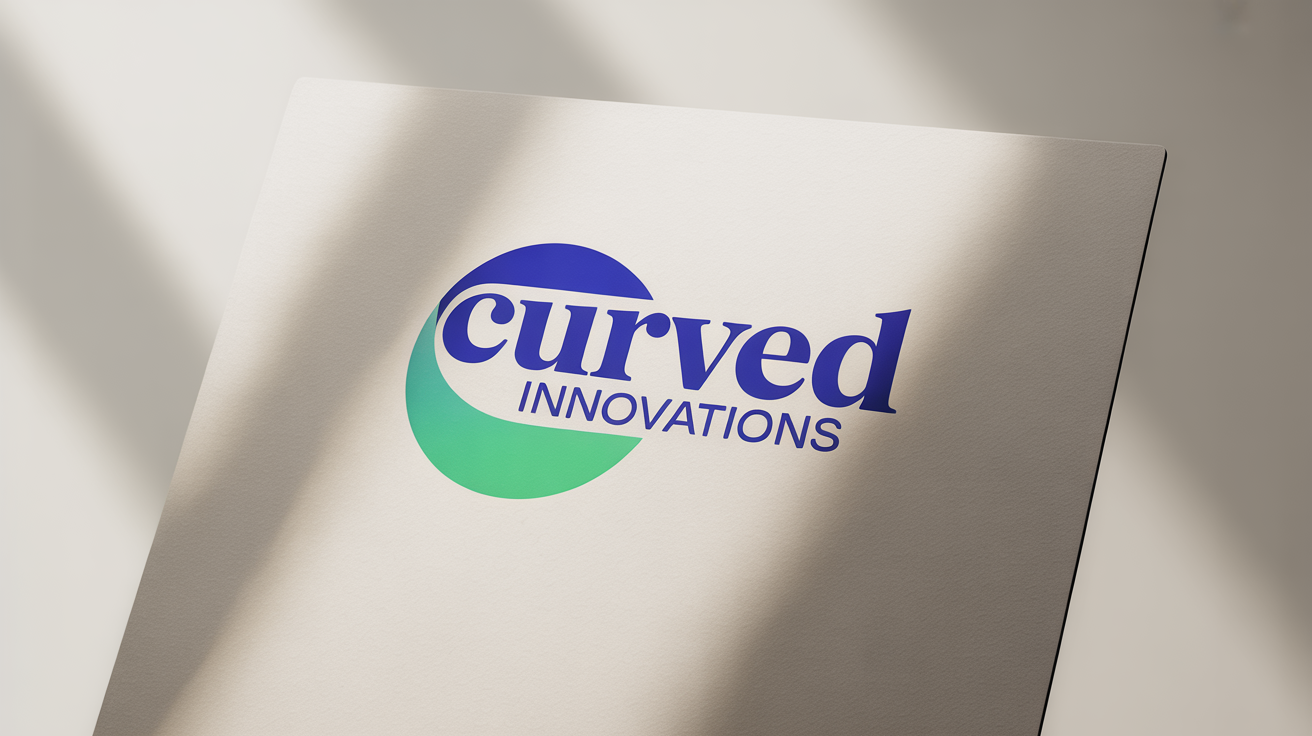 A professional logo design showing the text 'Curved Innovations' in an elegant arc. The text has a blue-to-green gradient and is presented on a high-quality business card mockup.