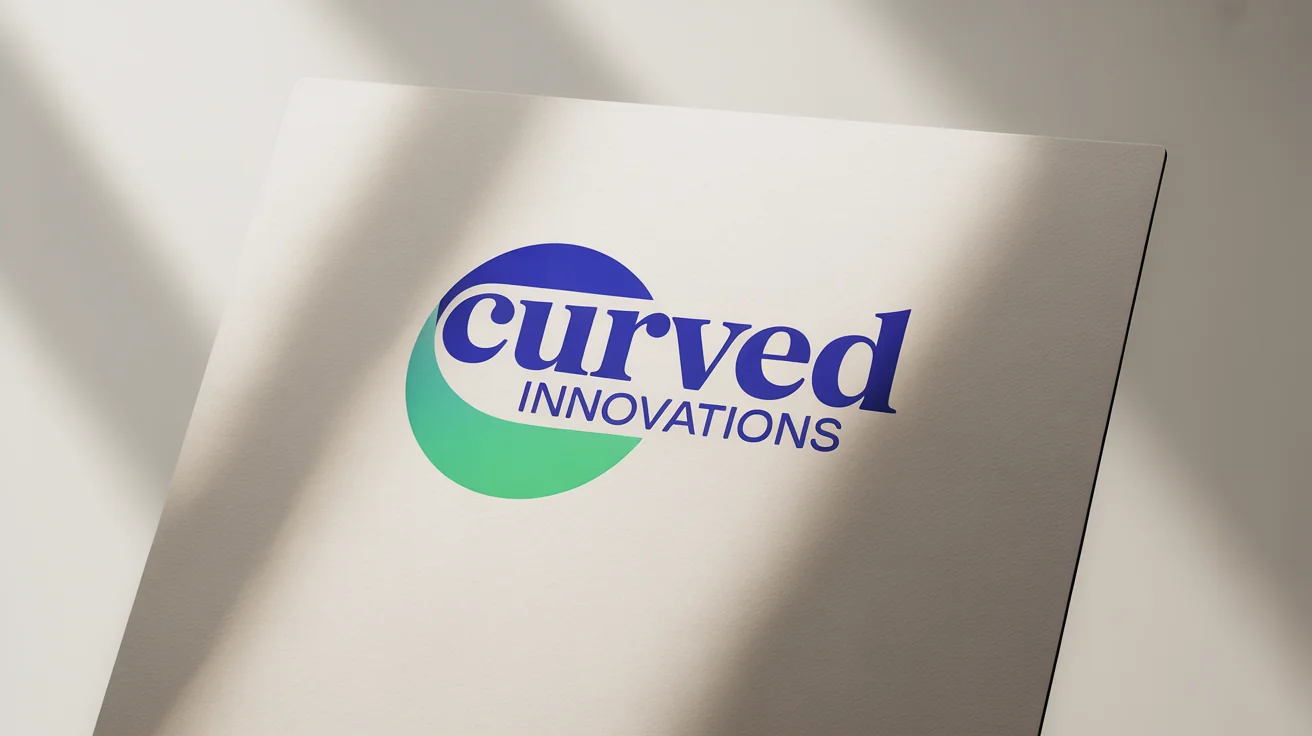 A professional logo design showing the text 'Curved Innovations' in an elegant arc. The text has a blue-to-green gradient and is presented on a high-quality business card mockup.
